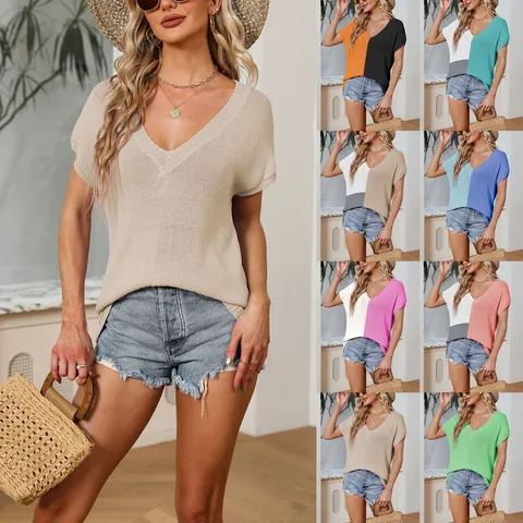 Women's V-Neck Short Sleeve Viscose Knit Top Casual Loose Color Block Patchwork T-Shirt Plus Size Summer Tee