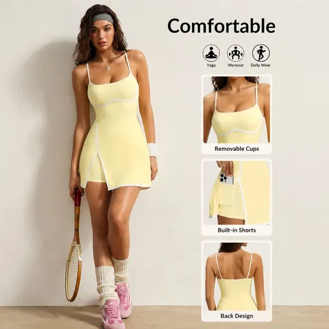 Women One Piece Tennis Dress With Built-in Shorts Pockets Removable Pads Nylon Spandex Contrast Trim Workout Yoga Dress