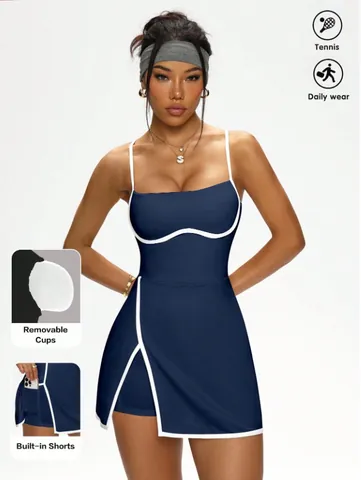 Women contrast Trim Tennis Dress Built-in Shorts Adjustable Straps Sporty A-Line Athletic Dress For Badminton Running Gym