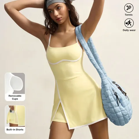 Women One Piece Tennis Dress With Built-in Shorts Pockets Removable Pads Nylon Spandex Contrast Trim Workout Yoga Dress