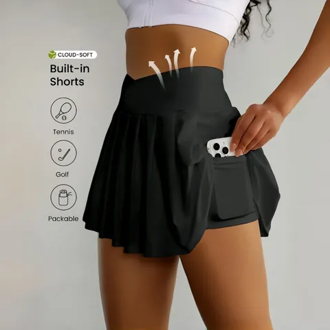 Women High Waist Crossover Athletic Skort Pleated Sports Skirt With Side Pockets For Tennis Golf Yoga Running Gym Workout Bottoms