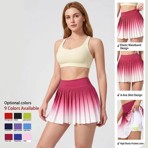 Women's Gradient Pleated Tennis Skirt High Waisted Breathable Sports Skort With Built-in Shorts And Pocket For Gym Yoga