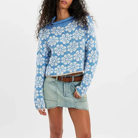 Women Casual Loose Floral Jacquard Knit Sweater Mock Round Neck Long Sleeve Thick Acrylic Pullover Top For Autumn Winter
