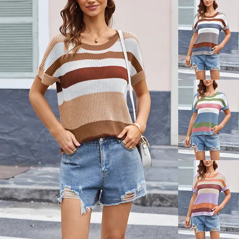 Damen Locker Gestreift Viskose Strick T-Shirt Casual Color Block Kurzarm Pullover Strickwaren Tops Rundhals Komfort Tee