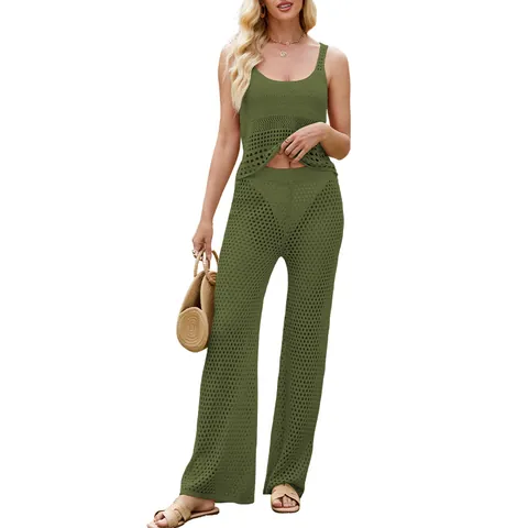 Haut Et Bas pour Femmes en Tricot Ajouré Viscose Sans Manches Débardeur Et Pantalon Large Vêtements d'Été Décontractés