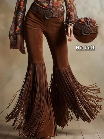 Women's Western Vintage Fringe Flare Pants Faux Suede Tassel Trousers Solid Color Bohemian Streetwear Long Flare Trousers