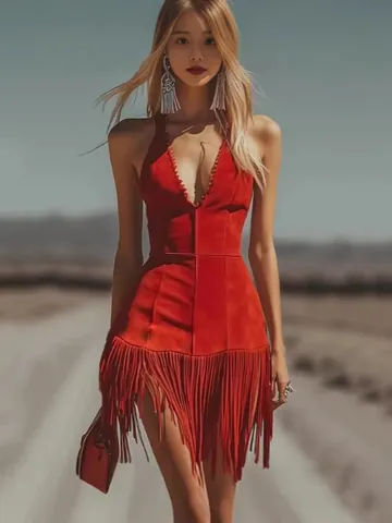 Women Sexy Deep V-Neck Sleeveless Fringe Dress Solid Color Suede Texture Slim Fit Tassel Mini Dress Fashion Streetwear Holiday Party
