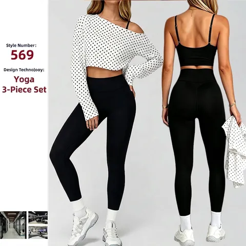 Damen Nahtlose Yoga Outfit Punktmuster Langarm Achselzucken BH Und Hohe Taille Leggings Workout Sport Fitness Kleidung