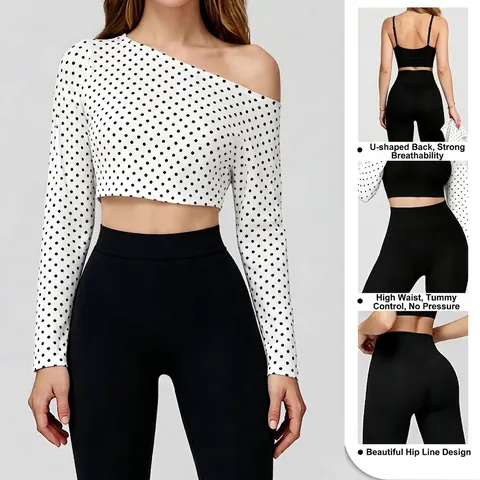 Damen Nahtlose Yoga Outfit Punktmuster Langarm Achselzucken BH Und Hohe Taille Leggings Workout Sport Fitness Kleidung