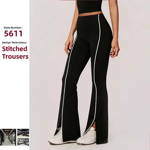 Women High Waist Flare Yoga Pants Viscose Blend Tummy Control Slimming Leggings Side Stripe Front Slit Workout Fitness Pants