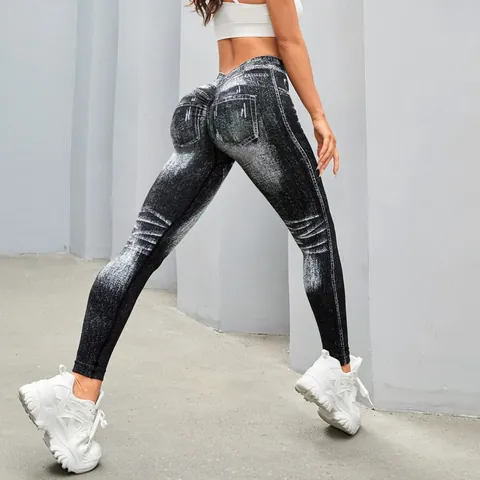 Damen High Waist Nahtlose Yogahose Scrunch Butt Jeans-Optik Druck Workout Gym Laufen Fitness Sport Leggings Unterteile