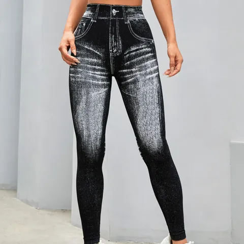 Damen High Waist Nahtlose Yogahose Scrunch Butt Jeans-Optik Druck Workout Gym Laufen Fitness Sport Leggings Unterteile