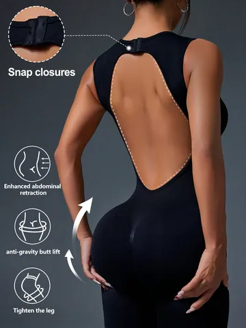 Women's Sexy Backless Yoga Jumpsuit Snap Closures Butt Lifting One Piece Tummy Control Gym Bodysuit Nylon Spandex Romper