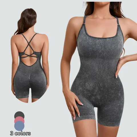 Damen Acid Wash Yoga Body Überkreuzter Rückenfreier Sport Einteiler Gerippte Taille Enge Jumpsuit Für Gym Workout Tanz Yoga