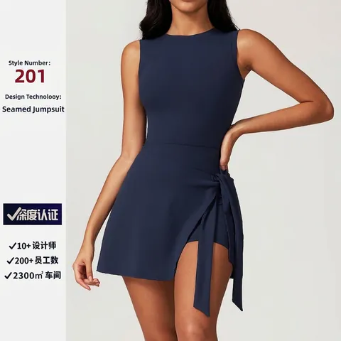 Women Sleeveless Tennis Dress One Piece Yoga Romper Side Tie Wrap Athletic Dress Large U-Back Brushed Fitness Skort Dress