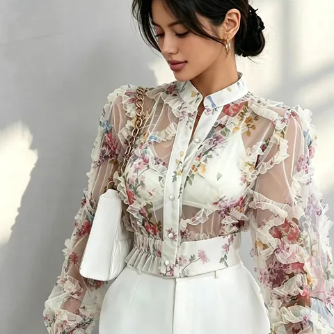 Women French Floral Print Chiffon Blouse Ruffle Stand Collar Sheer Top Long Sleeve Elegant Vintage Polyester Shirt