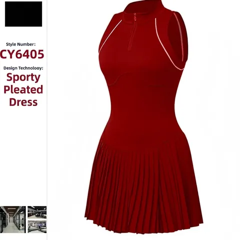 Women's Sleeveless Tennis Dress Half Zipper Pleated Athletic Sports Dress Nylon Spandex Slimming Badminton Skirt For Yoga Golf