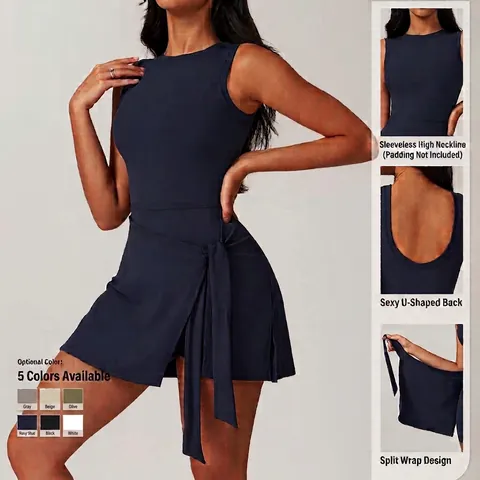 Women Sleeveless Tennis Dress One Piece Yoga Romper Side Tie Wrap Athletic Dress Large U-Back Brushed Fitness Skort Dress