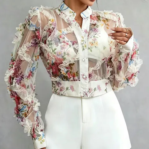 Women French Floral Print Chiffon Blouse Ruffle Stand Collar Sheer Top Long Sleeve Elegant Vintage Polyester Shirt
