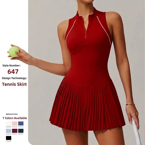 Women Athletic Tennis Dress With Built-in Shorts Nylon Spandex Stand Collar Half Zip Sleeveless Pleated A-Line Sport Dress
