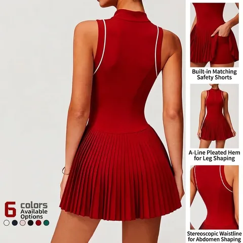 Women Athletic Tennis Dress With Built-in Shorts Nylon Spandex Stand Collar Half Zip Sleeveless Pleated A-Line Sport Dress