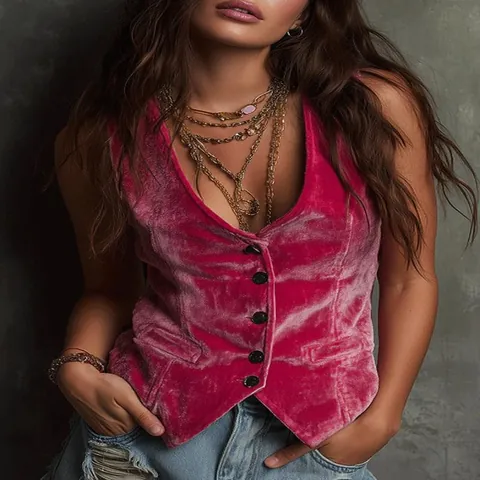 Women Vintage Velvet Vest Sexy V-Neck Single-Breasted Sleeveless Top Slim Fit Solid Color Waistcoat Fashion Streetwear Clothing Top