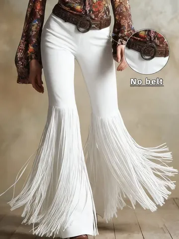 Women's Western Vintage Fringe Flare Pants Faux Suede Tassel Trousers Solid Color Bohemian Streetwear Long Flare Trousers