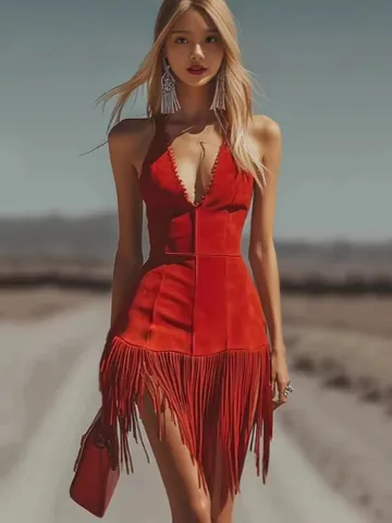 Women Sexy Deep V-Neck Sleeveless Fringe Dress Solid Color Suede Texture Slim Fit Tassel Mini Dress Fashion Streetwear Holiday Party