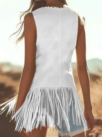 Women Fringe Vest Top Sleeveless V Neck Lace Up Polyester Bohemian Western Style Solid White Tassels Waistcoat