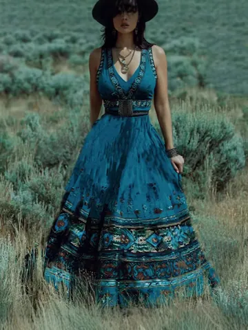 Damen Retro Boho Ethno-Stil Kleid mit Blumenmuster und Geometrischem Druck Tiefer V-Ausschnitt Ärmellos Polyester Sommer Urlaub Maxi Kleid