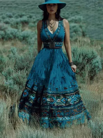 Damen Retro Boho Ethno-Stil Kleid mit Blumenmuster und Geometrischem Druck Tiefer V-Ausschnitt Ärmellos Polyester Sommer Urlaub Maxi Kleid