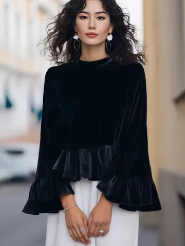 French Style Elegant Women Velvet Splicing Blouse Round Neck Ruffle Hem Flare Sleeve Long Sleeve Top Vintage Solid Color Pullover Shirt