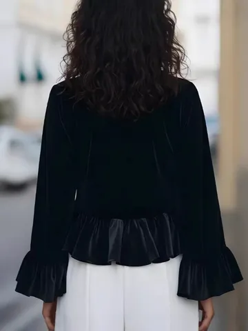 French Style Elegant Women Velvet Splicing Blouse Round Neck Ruffle Hem Flare Sleeve Long Sleeve Top Vintage Solid Color Pullover Shirt