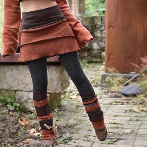 Vintage Bohemian Irregular Patchwork Leggings Skirt And Leg Warmers With Owl Print Autumn Winter Skort For Women