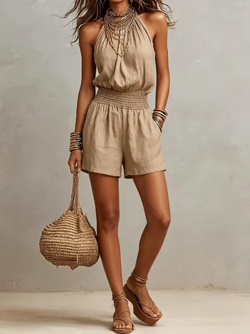 Romper Casual Sin Mangas para Mujer Color Sólido Talle Alto Fruncido Mono de Vacaciones Streetwear Corto de Una Pieza