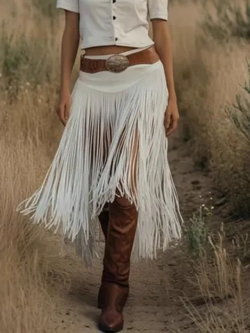 Women Vintage Faux Suede Tassel Skirt Irregular Fringe A-Line Skirt Bohemian Western Style Embroidered Bottoms
