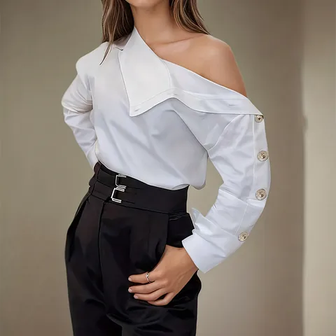 Women Sexy Off Shoulder Satin Look Blouse High Neck Gold Button Long Sleeve Shirt Asymmetric Streetwear Elegant Top