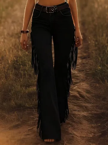 Women Tassel Flare Pants Suede Elastic Slim Fit Western Bohemian Style Solid Color Fringe Long Trousers