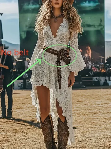 Women Retro Western Festival Lace Irregular Hem Midi Dress Bohemian V Neck Flare Sleeve Polyester White Dress