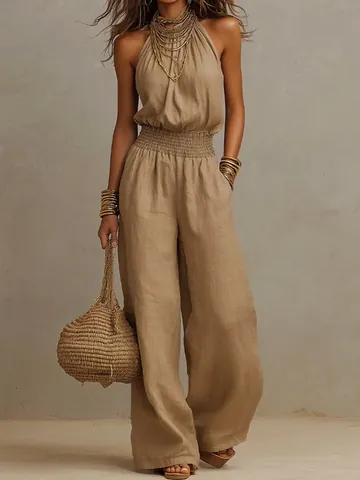 Women Halter Neck Backless Jumpsuit Sleeveless Wide Leg Jumpsuit Solid Color Casual Vacation Polyester Romper
