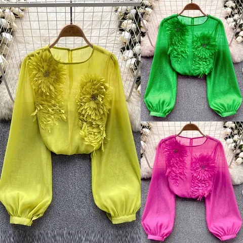 Women Elegant 3D Flower Applique Chiffon Top Lantern Sleeve Sheer Blouse Loose Pullover Rhinestone Embellished Shirt