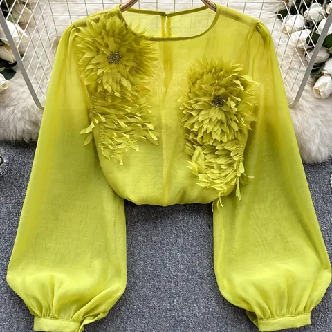 Women Elegant 3D Flower Applique Chiffon Top Lantern Sleeve Sheer Blouse Loose Pullover Rhinestone Embellished Shirt