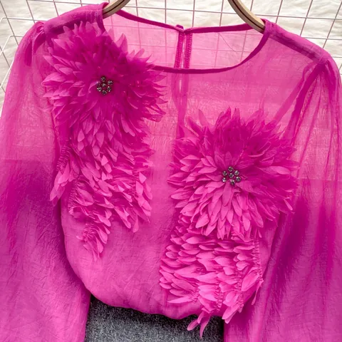 Women Elegant 3D Flower Applique Chiffon Top Lantern Sleeve Sheer Blouse Loose Pullover Rhinestone Embellished Shirt