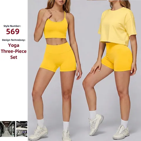 Set da Yoga senza Cuciture da Donna Reggiseno Sportivo ad Asciugatura Rapida Pantaloncini a Vita Alta Crop Top Tuta da Fitness