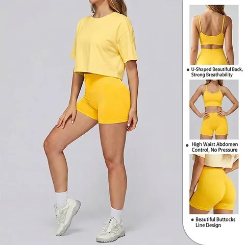 Set da Yoga senza Cuciture da Donna Reggiseno Sportivo ad Asciugatura Rapida Pantaloncini a Vita Alta Crop Top Tuta da Fitness