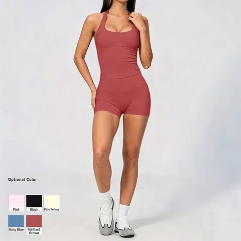 Tenue de Yoga Dos Nu Sans Couture pour Femmes Polyamide Extensible Élasthanne Débardeur de Sport et Short Taille Haute Fitness Haut et Bas