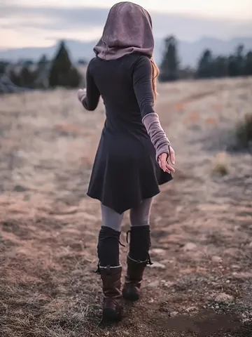 Vestido Gótico Vintage Con Capucha Para Mujer Estampado Celestial Sol Luna Estrella Manga Larga Dobladillo Irregular Vestido Midi Línea A
