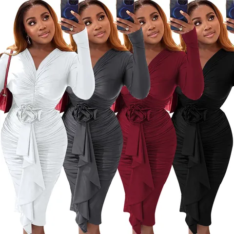 Women V Neck Long Sleeve Ruched Midi Dress Sexy Bodycon 3D Rose Decoration Evening Party Dress Polyester Spandex Elegant Wrap Dress