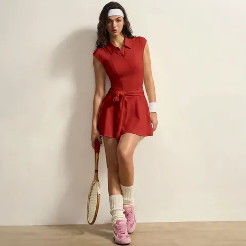 Women Sleeveless Tennis Dress With Built-in Shorts Polo Neck Bow Tie Waist Athletic Golf Yoga Dress With Chest Pads