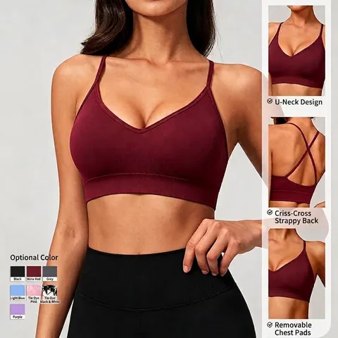 Seamless Knitting Yoga Sports Bra Cross Strappy Back Medium Support Nylon Spandex V Neck Fitness Top For Women Gym Wear